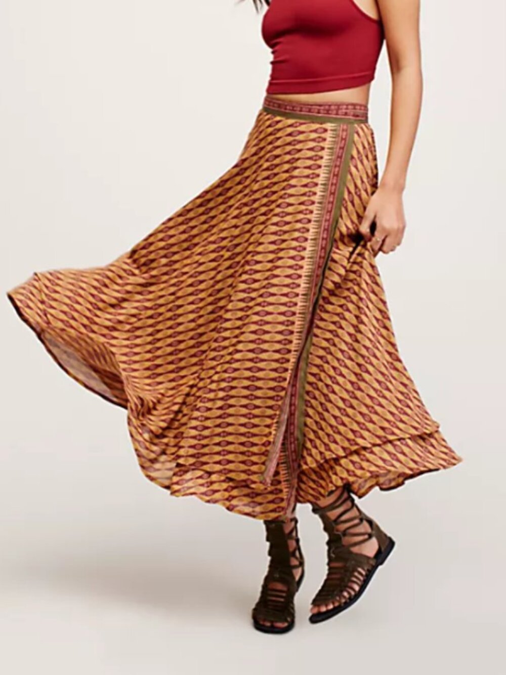 Free People Good 4 U Print Midi Skirt Mustard Combo Tribal Wrap Layered Size 0